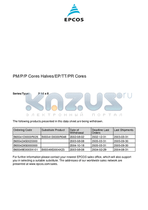 B65541-W-R41 datasheet - PM/P/P Cores Halves/EP/TT/PR Cores