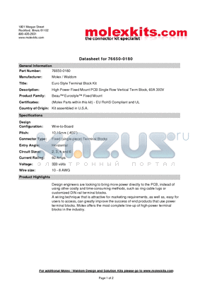 39970-0102 datasheet - High Power Fixed Mount PCB Single Row Vertical Term Block, 60A 300V