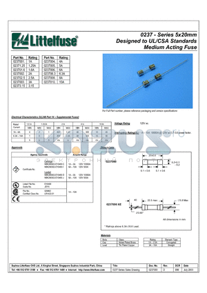 0237002.M- datasheet - 0237 - Series 5x20mm Designed to UL/CSA Standards Medium Acting Fuse