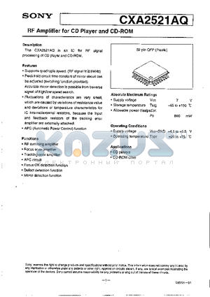 CXA2521AQ datasheet - RF AMPLIFIER FOR CD PLAYER AND CD-ROM
