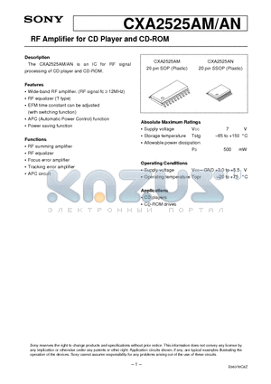 CXA2525AN datasheet - RF Amplifier for CD Player and CD-ROM