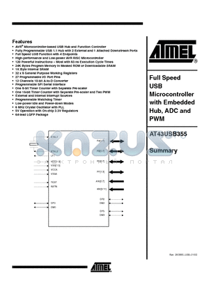 AT43USB355_02 datasheet - Full speed USB Microcontroller with Embedded Hub, ADC and PWM