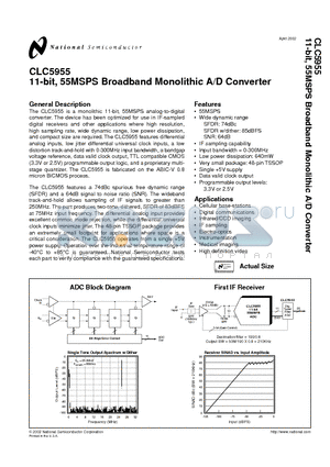 CLC5955MTDX datasheet - 11-bit, 55MSPS Broadband Monolithic A/D Converter