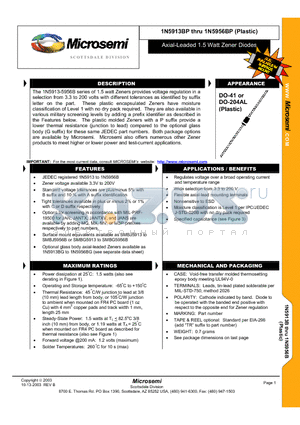 1N5913BP datasheet - Axial-Leaded 1.5 Watt Zener Diodes