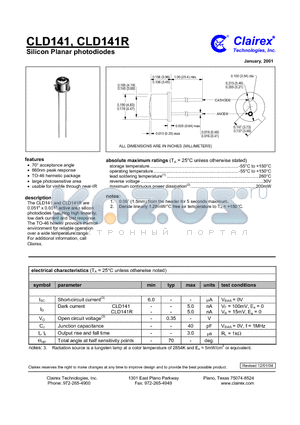 CLD141R datasheet - Silicon Planar photodiodes