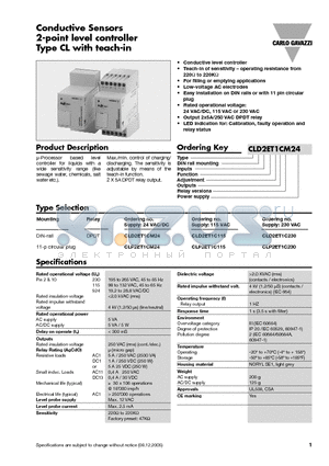 CLD2ET1C115 datasheet - Conductive Sensors 2-point level controller