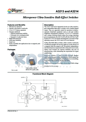 A3213 datasheet - Micropower Ultra-Sensitive Hall-Effect Switches