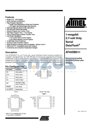 AT45DB011 datasheet - 1-megabit 2.7-volt Only Serial DataFlash