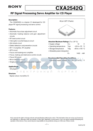 CXA2542 datasheet - RF Signal Processing Servo Amplifier for CD Player