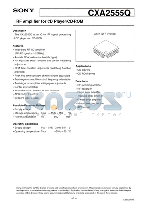 CXA2555Q datasheet - RF Amplifier for CD Player/CD-ROM