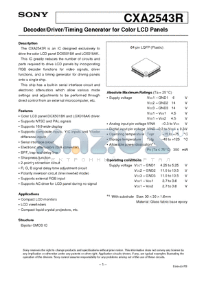 CXA2543R datasheet - Decoder/Driver/Timing Generator for Color LCD Panels