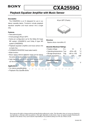 CXA2559Q datasheet - Playback Equalizer Amplifier with Music Sensor