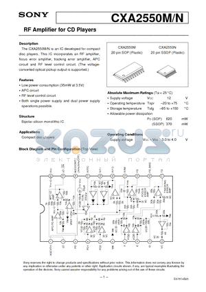 CXA2550M datasheet - RF Amplifier for CD Players