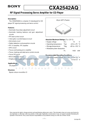 CXA2542 datasheet - RF Signal Processing Servo Amplifier for CD Player