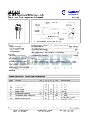 CLE435 datasheet - Red LED, Aluminum Gallium Arsenide Dome Lens Can, Hermetically Sealed