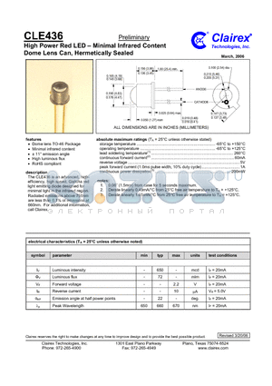 CLE436 datasheet - High Power Red LED - Minimal Infrared Content Dome Lens Can, Hermetically Sealed