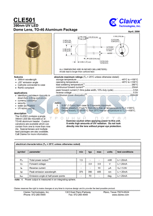 CLE501 datasheet - 390nm UV LED Dome Lens, TO-46 Aluminum Package