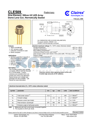 CLE509 datasheet - Nine Element, 390nm UV LED Array Dome Lens Can, Hermetically Sealed
