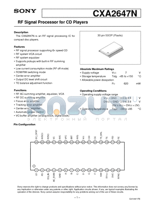 CXA2647 datasheet - RF Signal Processor for CD Players