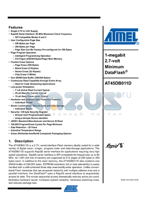 AT45DB011D-SH-SL955 datasheet - 1-megabit 2.7-volt Minimum DataFlash