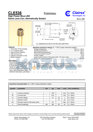 CLE536 datasheet - High Power Blue LED Dome Lens Can, Hermetically Sealed