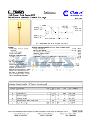 CLE545W datasheet - High Power GaN Green LED Flat Window Hermetic Coaxial Package