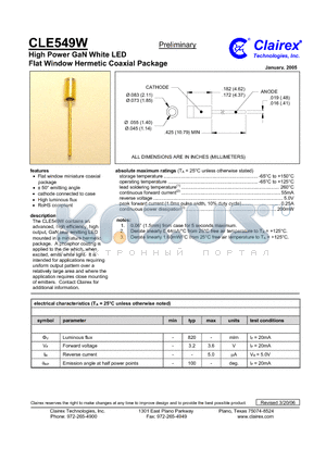 CLE549W datasheet - High Power GaN White LED Flat Window Hermetic Coaxial Package