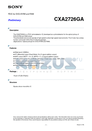 CXA2726GA datasheet - PDIC for DVD-RW and RAM