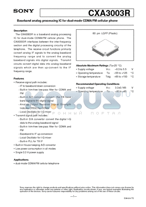 CXA3003R datasheet - Baseband analog processing IC for dual-mode CDMA/FM cellular phone