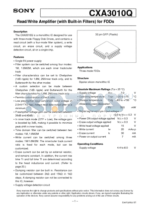 CXA3010Q datasheet - Read/Write Amplifier (with Built-in Filters) for FDDs