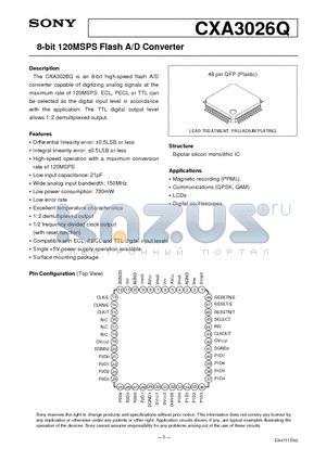 CXA3026Q datasheet - 8-bit 120MSPS Flash A/D Converter