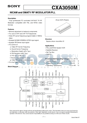 CXA3050 datasheet - NICAM and SMATV RF MODULATOR/PLL