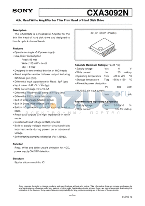 CXA3092N datasheet - 4ch. Read/Write Amplifier for Thin Film Head of Hard Disk Drive