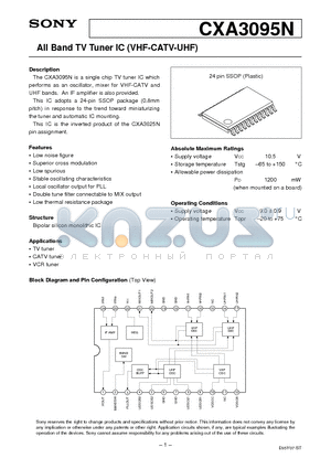 CXA3095N datasheet - All Band TV Tuner IC (VHF-CATV-UHF)