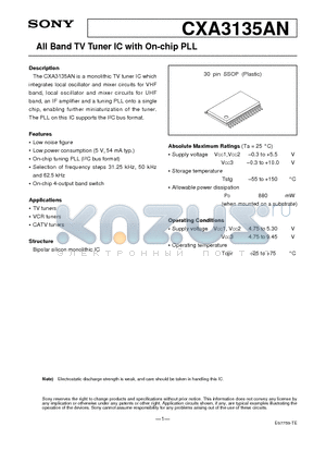 CXA3135AN datasheet - All Band TV Tuner IC with On-chip PLL