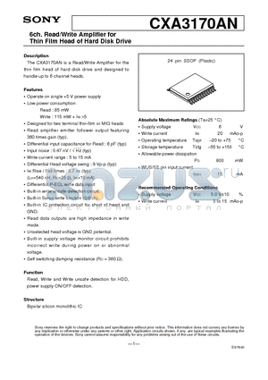 CXA3170AN datasheet - 6ch. Read/Write Amplifier for Thin Film Head of Hard Disk Drive