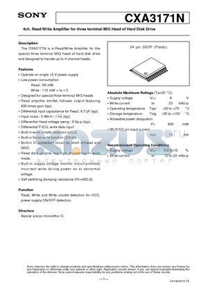 CXA3171N datasheet - 4ch. Read/Write Amplifier for three terminal MIG Head of Hard Disk Drive