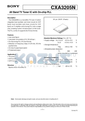 CXA3205N datasheet - All Band TV Tuner IC with On-chip PLL