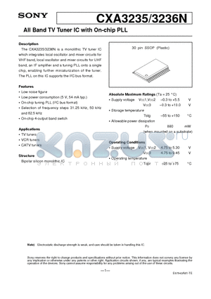 CXA3235 datasheet - All Band TV Tuner IC with On-chip PLL