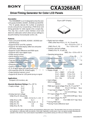 CXA3268AR datasheet - Driver/Timing Generator for Color LCD Panels