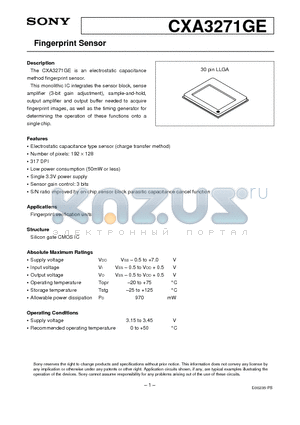 CXA3271GE datasheet - Fingerprint Sensor