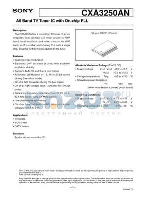 CXA3250AN datasheet - All Band TV Tuner IC with On-chip PLL