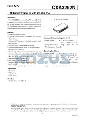 CXA3252N datasheet - All Band TV Tuner IC with On-chip PLL