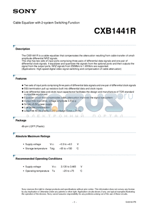 CXB1441R datasheet - Cable Equalizer with 2-system Switching Function