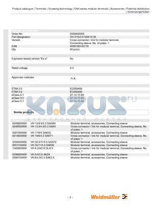 0249000000 datasheet - Cross-connector / link for modular terminal, Connecting sleeve, No. of poles: 1