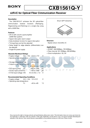 CXB1561Q-Y datasheet - s3R-IC for Optical Fiber Cimmunication Receiver