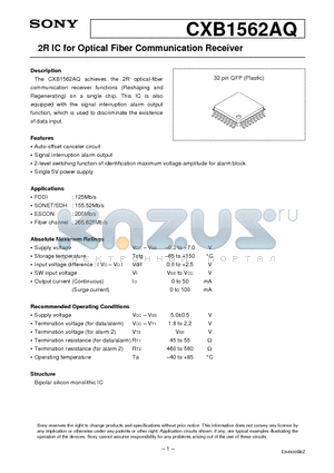 CXB1562AQ datasheet - 2R IC for Optical Fiber Communication Receiver