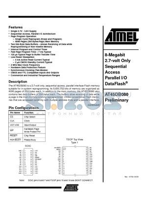 AT45DB080 datasheet - 8-Megabit 2.7-volt Only Sequential Access Parallel I/O DataFlash
