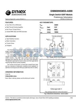 DIM800NSM33-A000 datasheet - Single Switch IGBT Module Preliminary Information