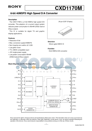 CXD1170 datasheet - 6-bit 40MSPS High Speed D/A Converter